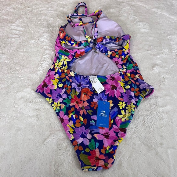 Cupshe Floral One Piece Swimsuit Navy Blue Pink Yellow V-Neck Size Medium NWT - Picture 6 of 12